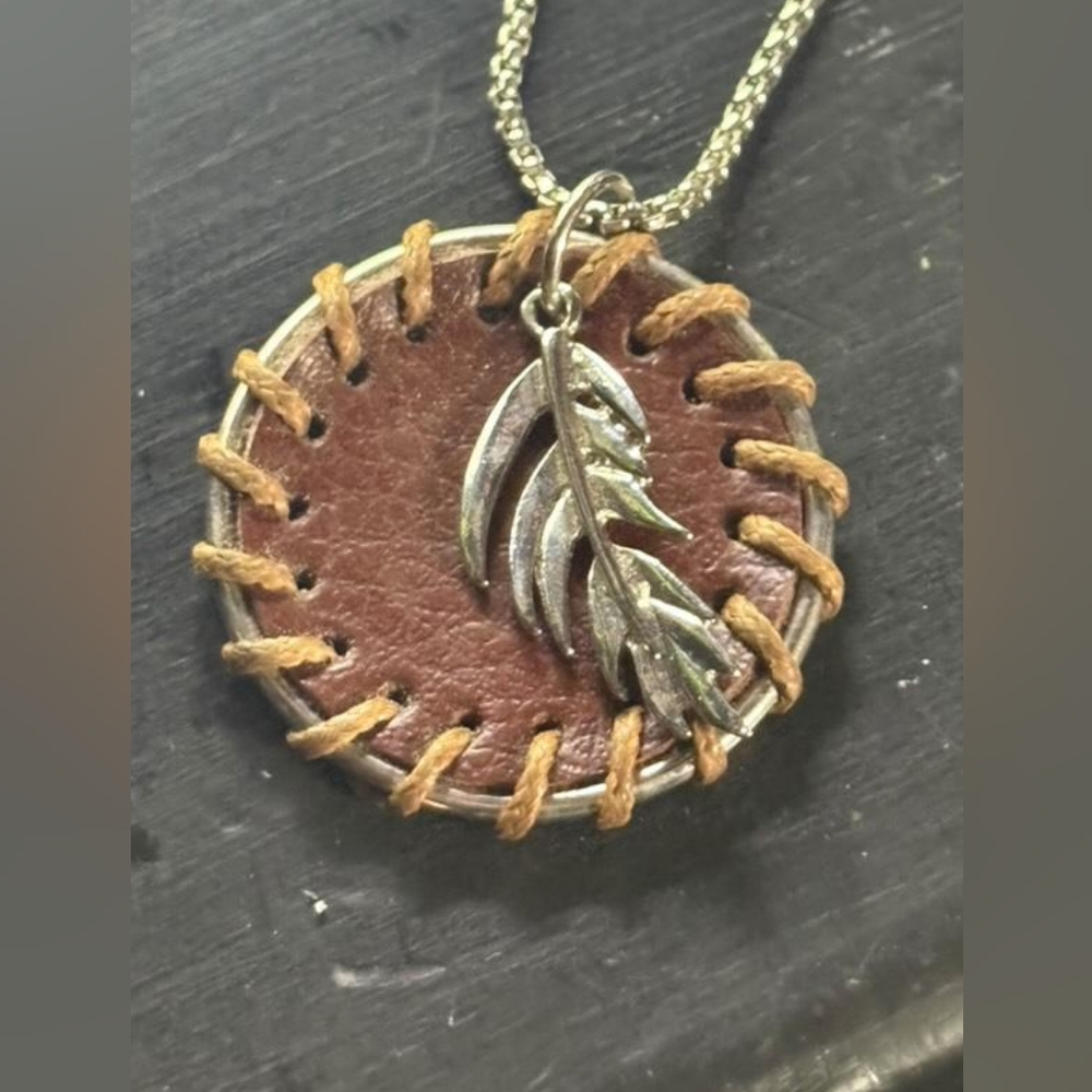 Brown Faux Leather Pendant Necklace with Silver Leaf Charm